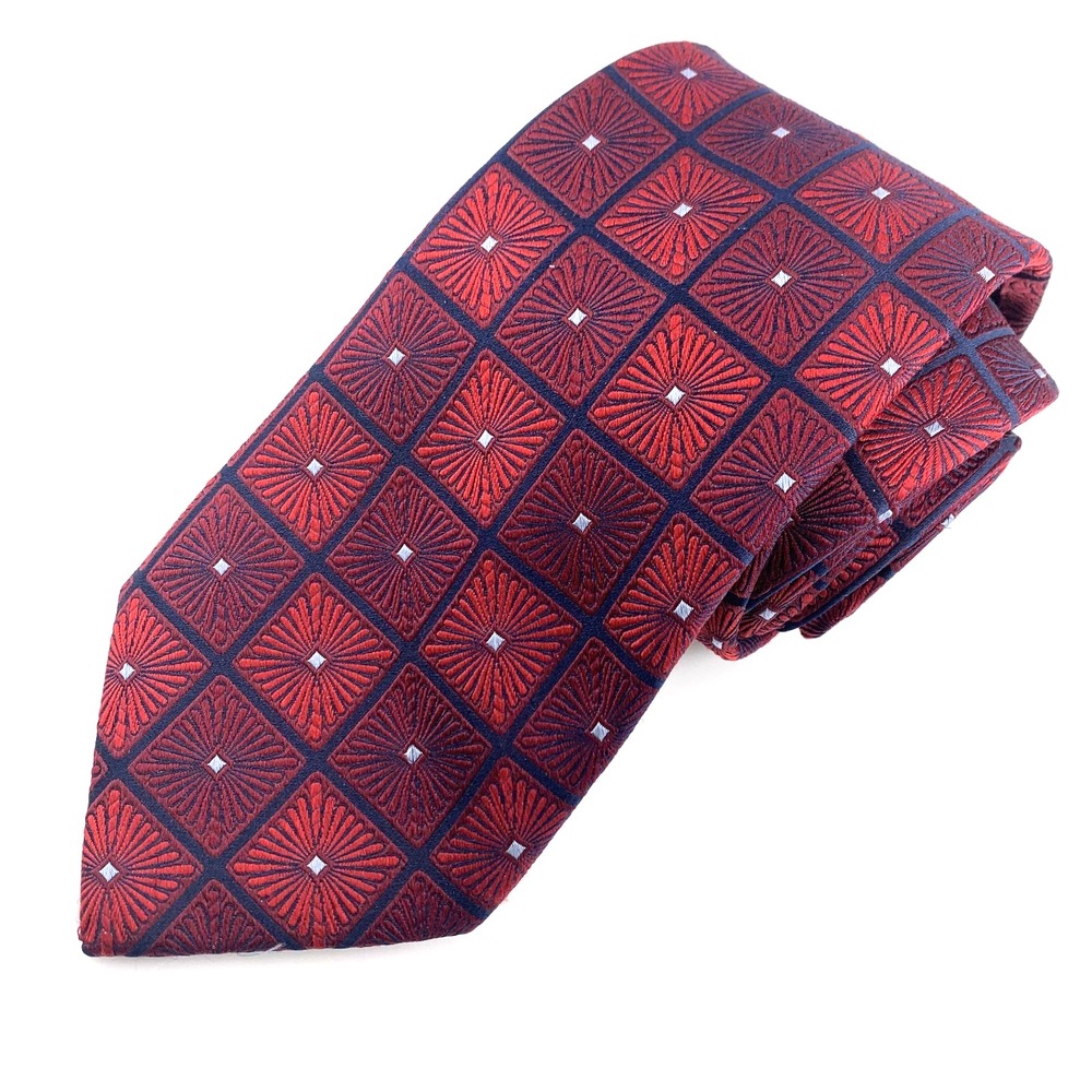 IKE BEHAR Mens Tie Black with Dark Red Geometric Pattern Silk Neckwear LONG 61"